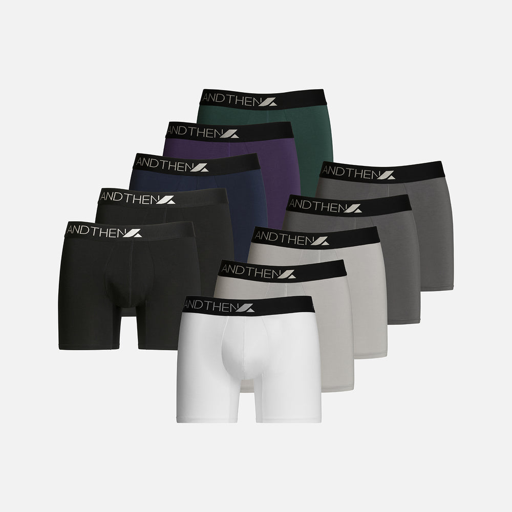 AndThen men's bamboo boxer briefs - The Long Hauler 10-pack, featuring ten comfortable and eco-friendly pairs in various colours. Ideal for extended wear and travel. This multipack of 10 contains one white pair, two light grey pairs, two dark grey pairs, two black pairs, one navy pair, one purple pair and one green pair.