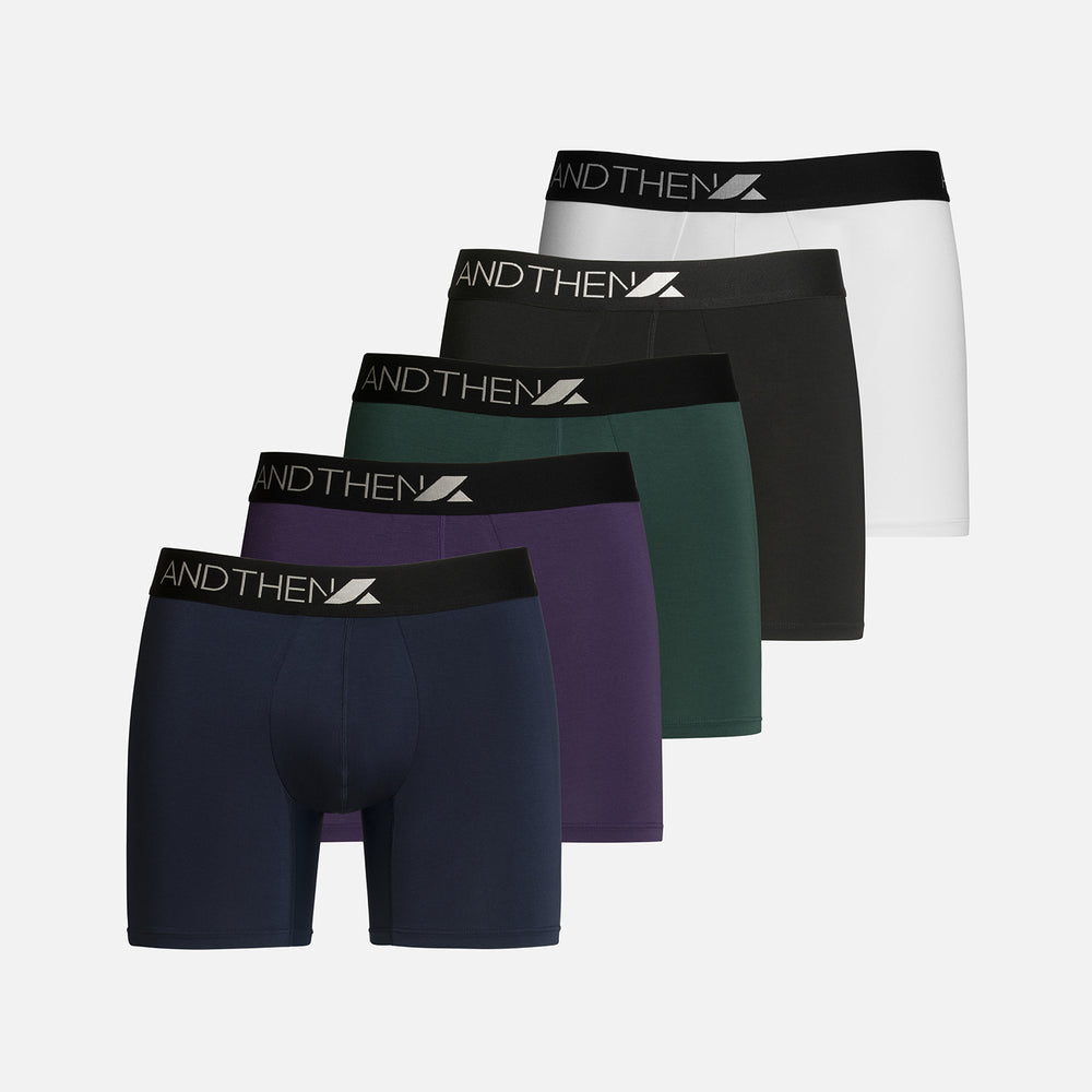 And Then men's bamboo boxer briefs - The Nine-to-fiver 5-pack, featuring five comfortable and eco-friendly pairs in various colours. Ideal for daily wear. This multipack of 5 contains one navy pair, one purple pair, one green pair, one black pair and one white pair.