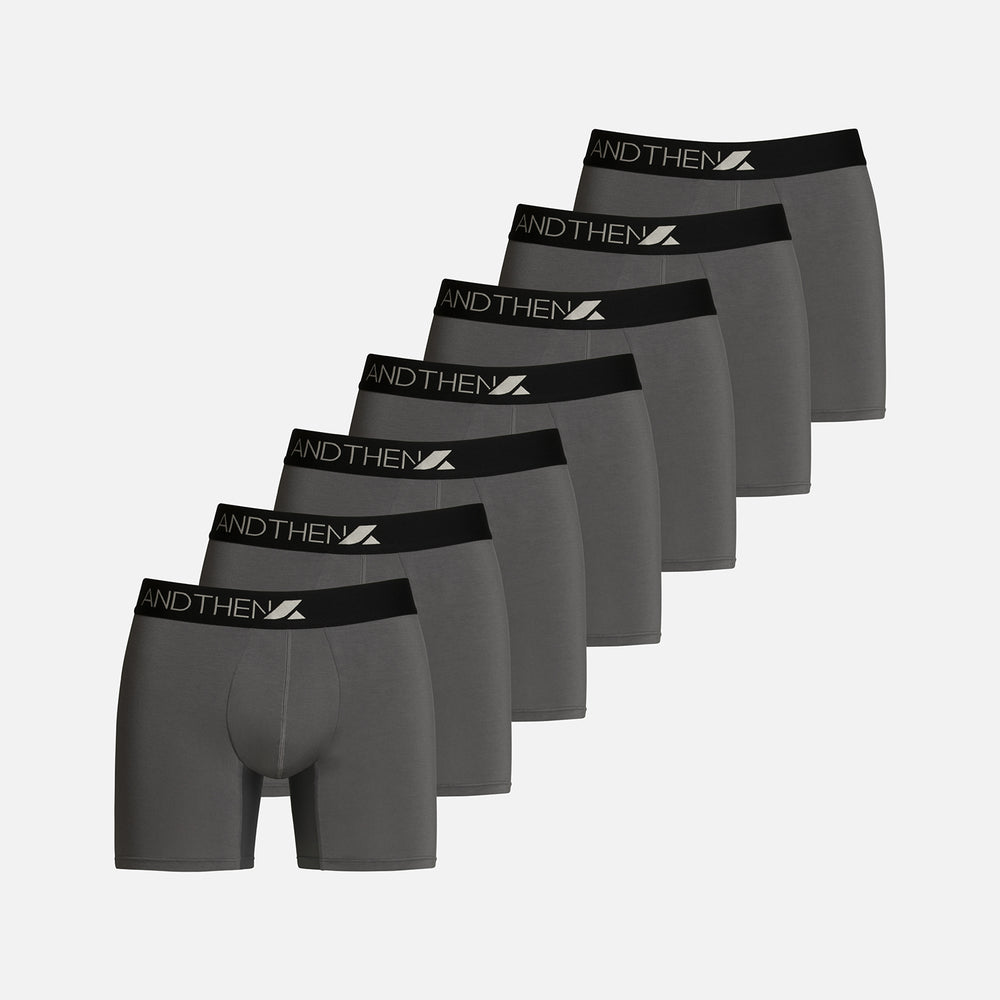 
                  
                    And Then men's bamboo boxer briefs - The Full-Weeker 7-pack, featuring seven comfortable and eco-friendly dark grey pairs. Perfect for a full week's wear. This multipack of 7 contains seven dark grey pairs.
                  
                