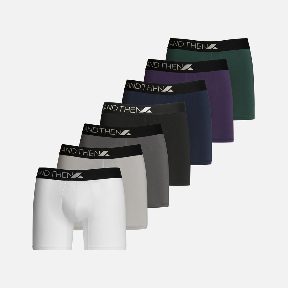 
                  
                    And Then men's bamboo boxer briefs - The Full-Weeker 7-pack, featuring seven comfortable and eco-friendly pairs in various colours. Perfect for a full week's wear. This multipack of 7 contains one of each colour; one white pair, one light grey pair, one dark grey pair, one black pair, one navy pair, one purple pair and one green pair.
                  
                