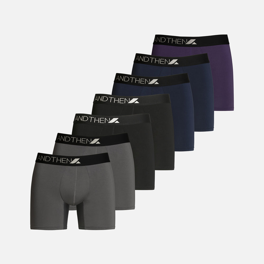 
                  
                    And Then men's bamboo boxer briefs - The Full-Weeker 7-pack, featuring seven comfortable and eco-friendly pairs in various colours. Perfect for a full week's wear. This multipack of 7 contains two dark grey pairs, two black pairs, two navy pairs and one purple pair.
                  
                