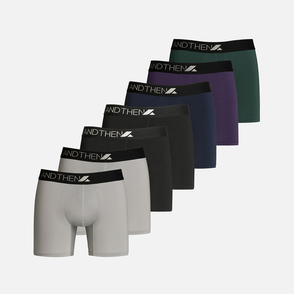 
                  
                    And Then men's bamboo boxer briefs - The Full-Weeker 7-pack, featuring seven comfortable and eco-friendly pairs in various colours. Perfect for a full week's wear. This multipack of 7 contains two light grey pairs, two black pairs, one navy pair, one purple pair and one green pair.
                  
                