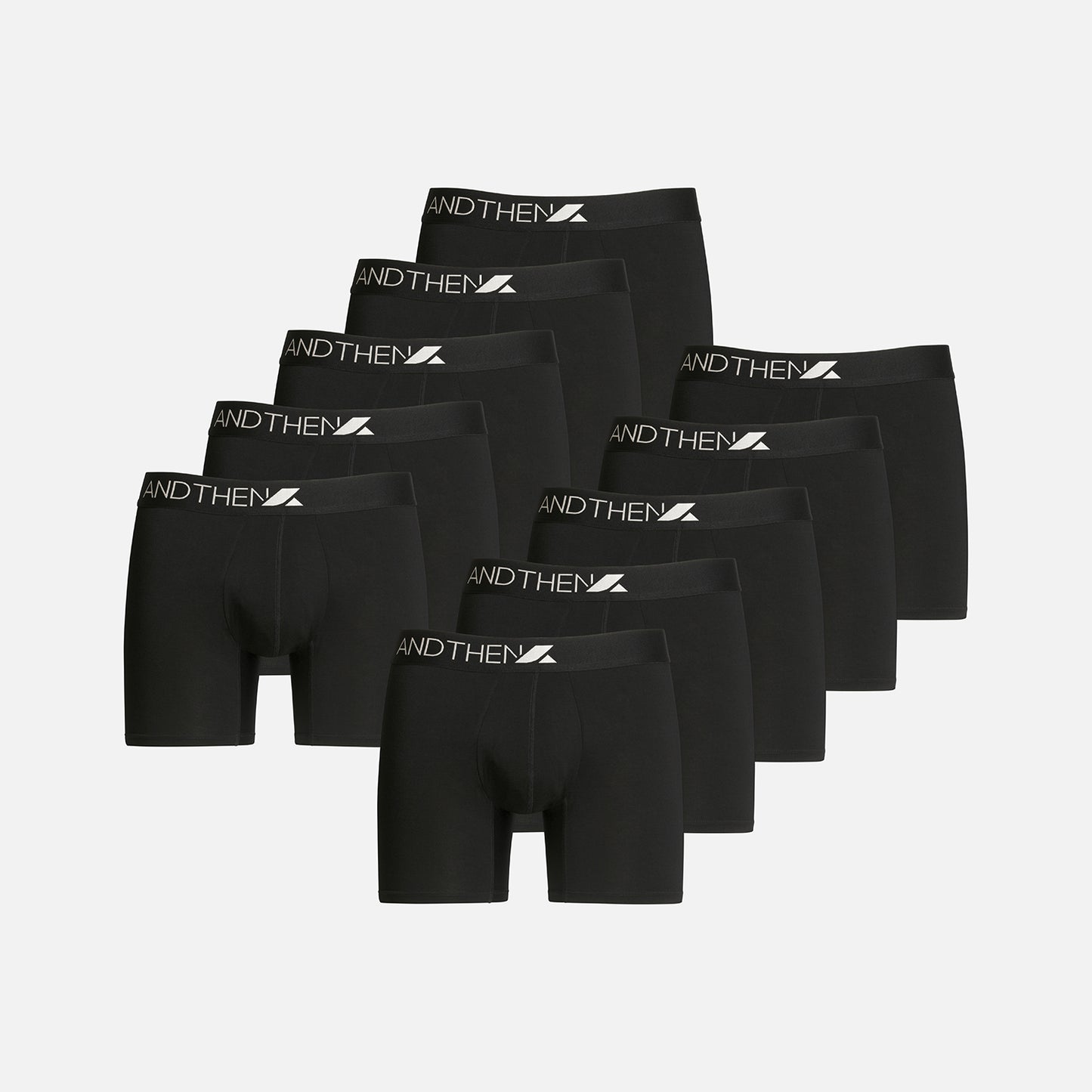 AndThen men's bamboo boxer briefs - The Long Hauler 10-pack, featuring ten comfortable and eco-friendly black pairs. Ideal for extended wear and travel. This multipack of 10 contains ten black pairs.