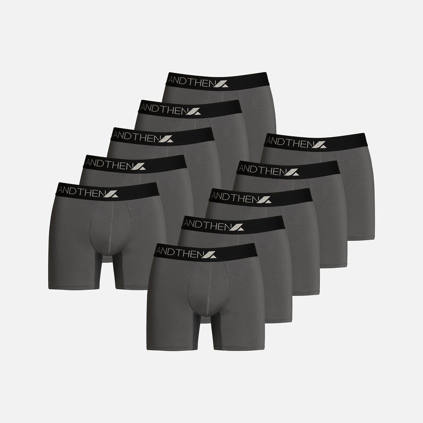 
                  
                    AndThen men's bamboo boxer briefs - The Long Hauler 10-pack, featuring ten comfortable and eco-friendly dark grey pairs. Ideal for extended wear and travel. This multipack of 10 contains ten dark grey pairs.
                  
                