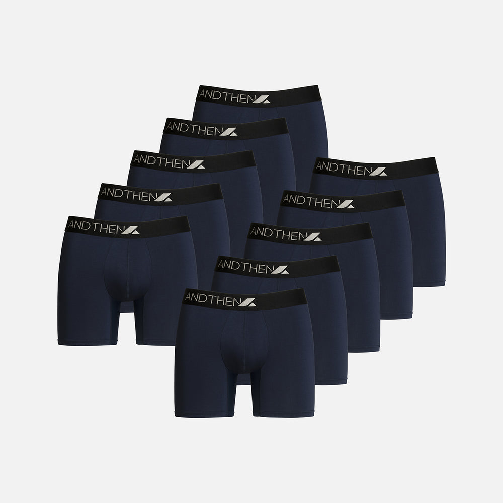 
                  
                    AndThen men's bamboo boxer briefs - The Long Hauler 10-pack, featuring ten comfortable and eco-friendly navy pairs. Ideal for extended wear and travel. This multipack of 10 contains ten navy pairs.
                  
                