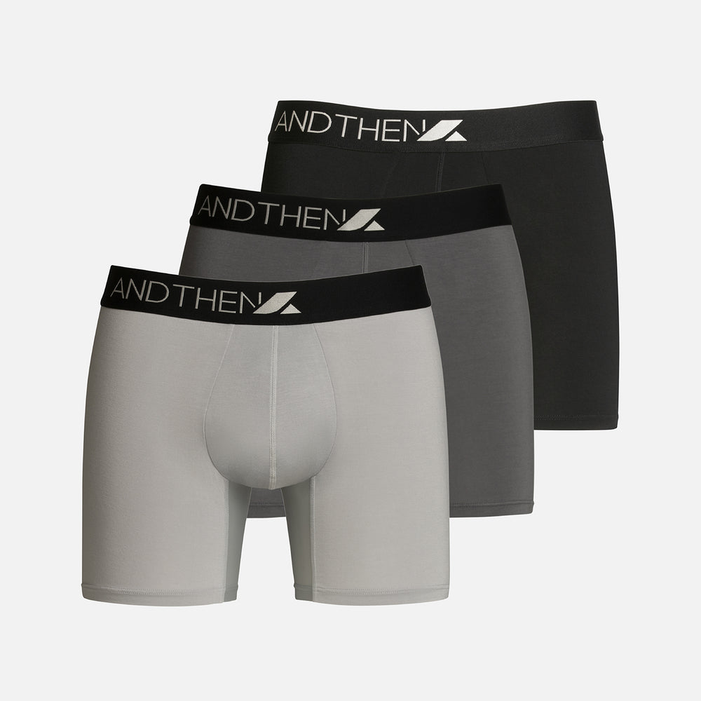 And Then men's bamboo boxer briefs - The Weekender 3-pack, featuring three comfortable and eco-friendly pairs in various colours. This multipack of 3 contains one light grey pair, one dark grey pair and one black pair. Perfect for everyday wear. 