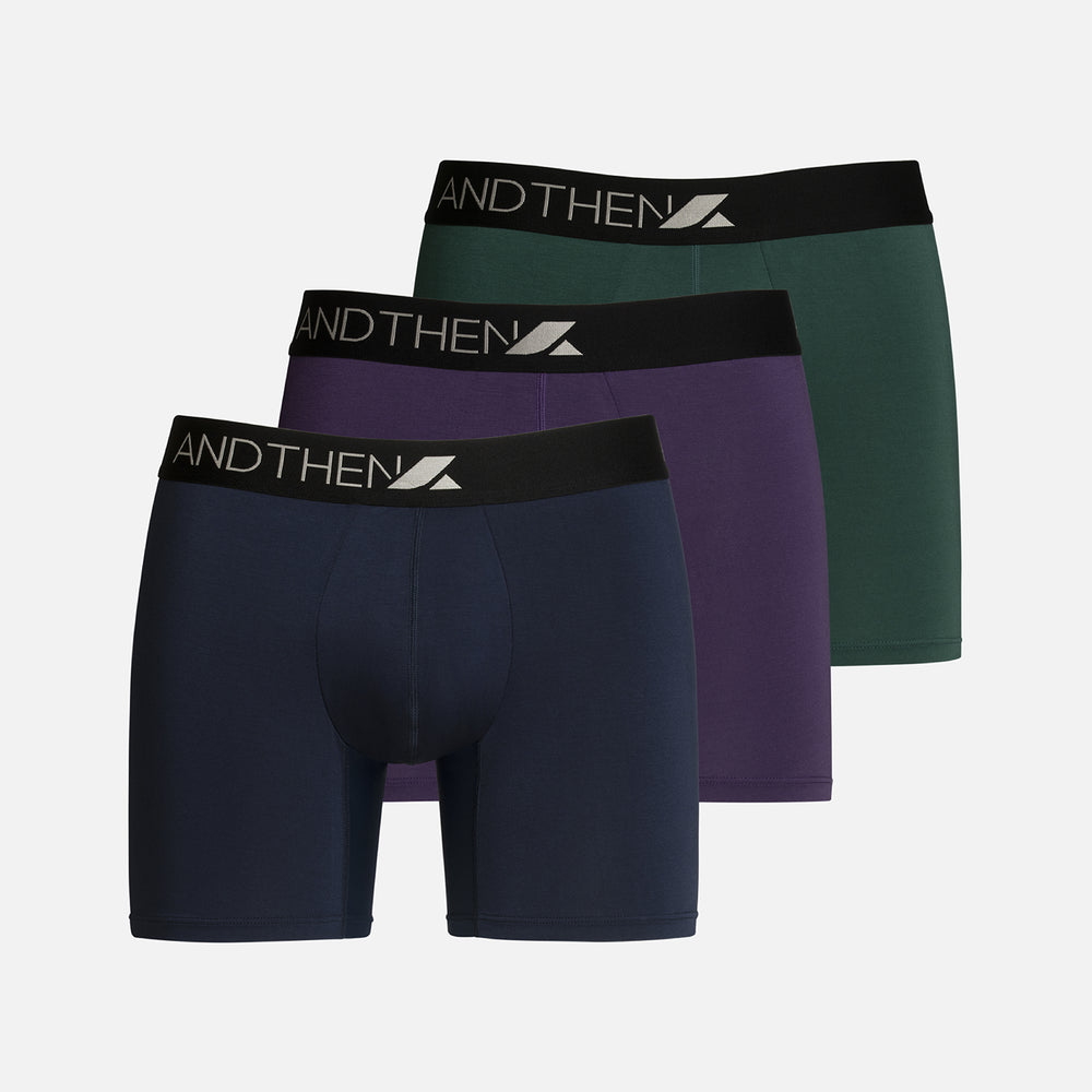 
                  
                    And Then men's bamboo boxer briefs - The Weekender 3-pack, featuring three comfortable and eco-friendly pairs in various colours. This multipack of 3 contains one navy pair, one purple pair and one green pair. Perfect for everyday wear.
                  
                
