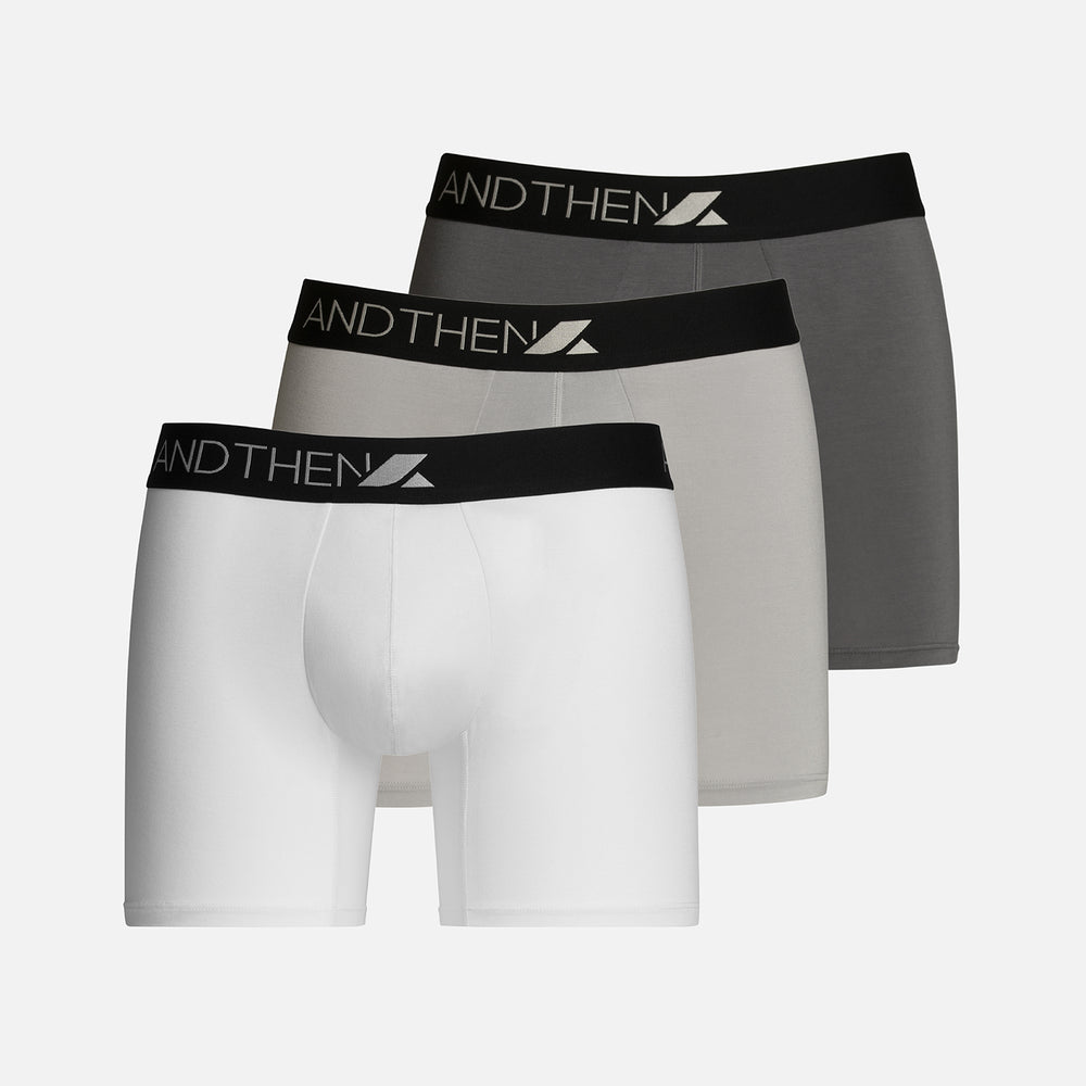 
                  
                    And Then men's bamboo boxer briefs - The Weekender 3-pack, featuring three comfortable and eco-friendly pairs in various colours. This multipack of 3 contains one white pair, one light grey pair and one dark grey pair. Perfect for everyday wear.
                  
                