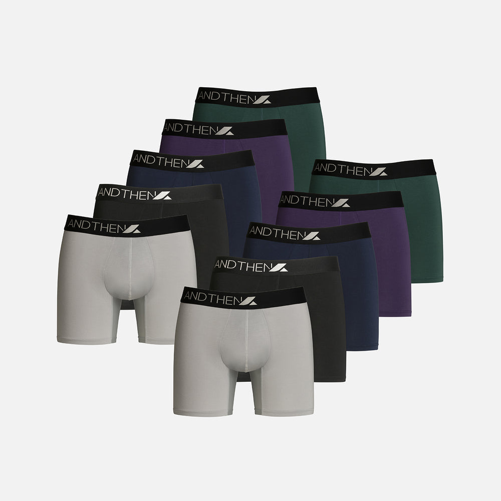 
                  
                     AndThen men's bamboo boxer briefs - The Long Hauler 10-pack, featuring ten comfortable and eco-friendly pairs in various colours. Ideal for extended wear and travel. This multipack of 10 contains two light grey pairs, two black pairs, two navy pairs, two purple pairs and two green pairs.
                  
                