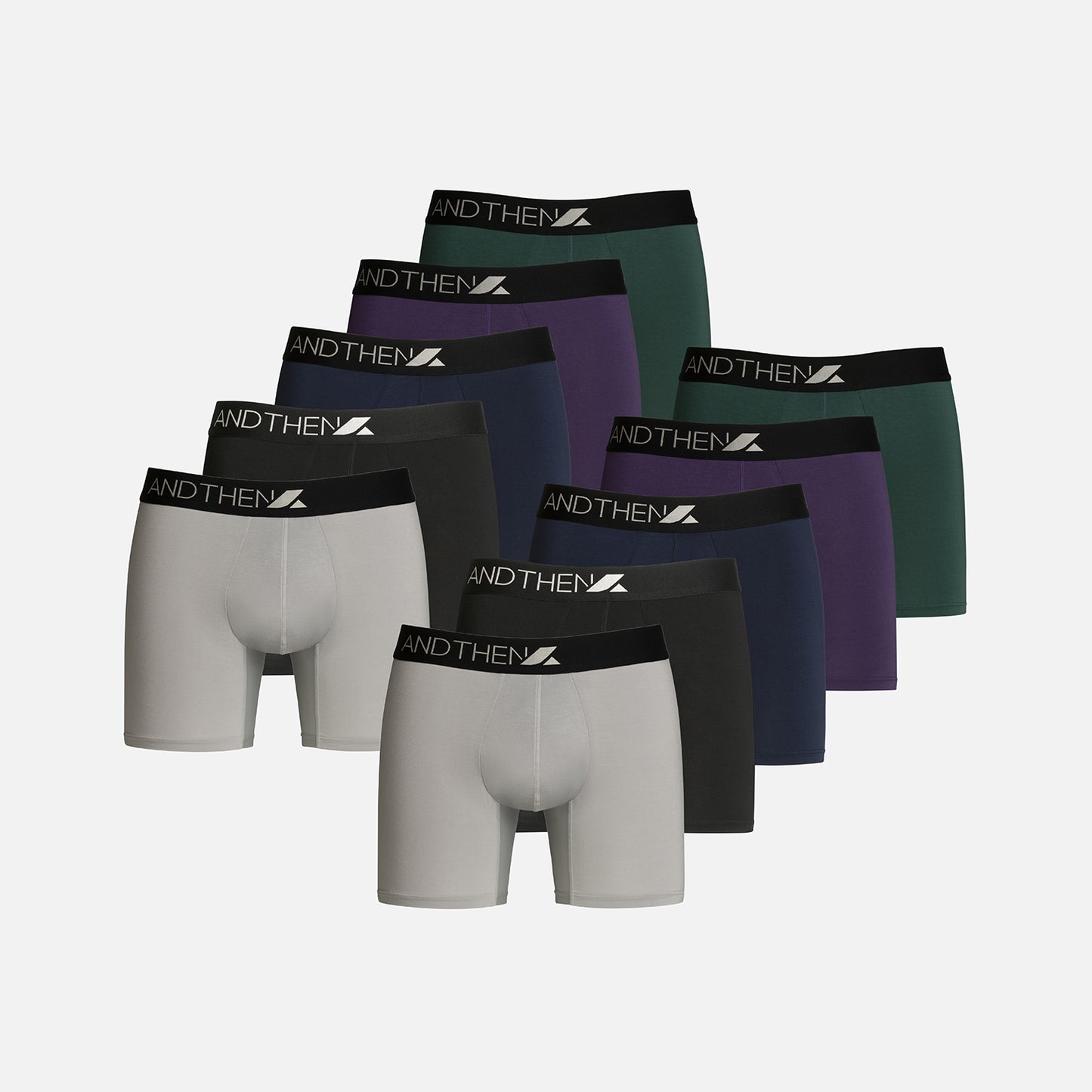 
                  
                     AndThen men's bamboo boxer briefs - The Long Hauler 10-pack, featuring ten comfortable and eco-friendly pairs in various colours. Ideal for extended wear and travel. This multipack of 10 contains two light grey pairs, two black pairs, two navy pairs, two purple pairs and two green pairs.
                  
                