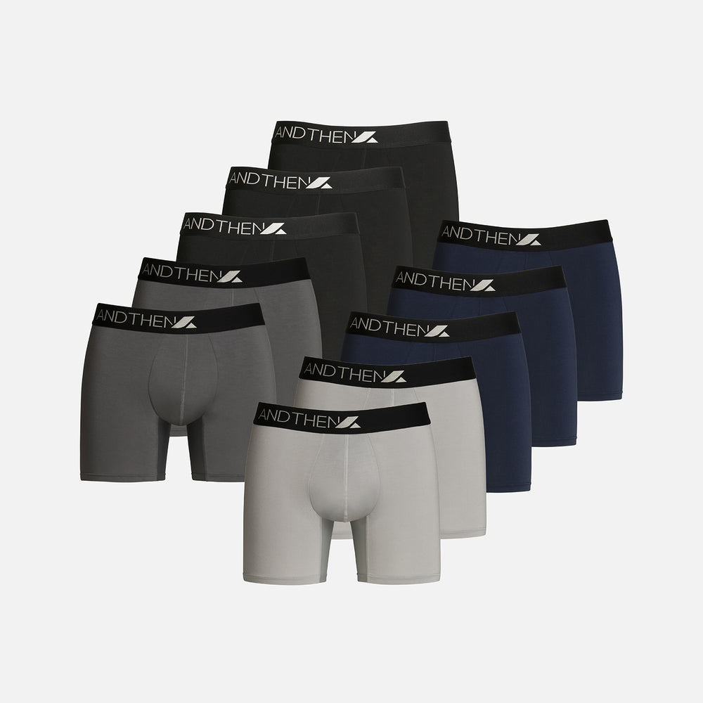 
                  
                    AndThen men's bamboo boxer briefs - The Long Hauler 10-pack, featuring ten comfortable and eco-friendly pairs in various colours. Ideal for extended wear and travel. This multipack of 10 contains two light grey pairs, two dark grey pairs, three black pairs and three navy pairs.
                  
                